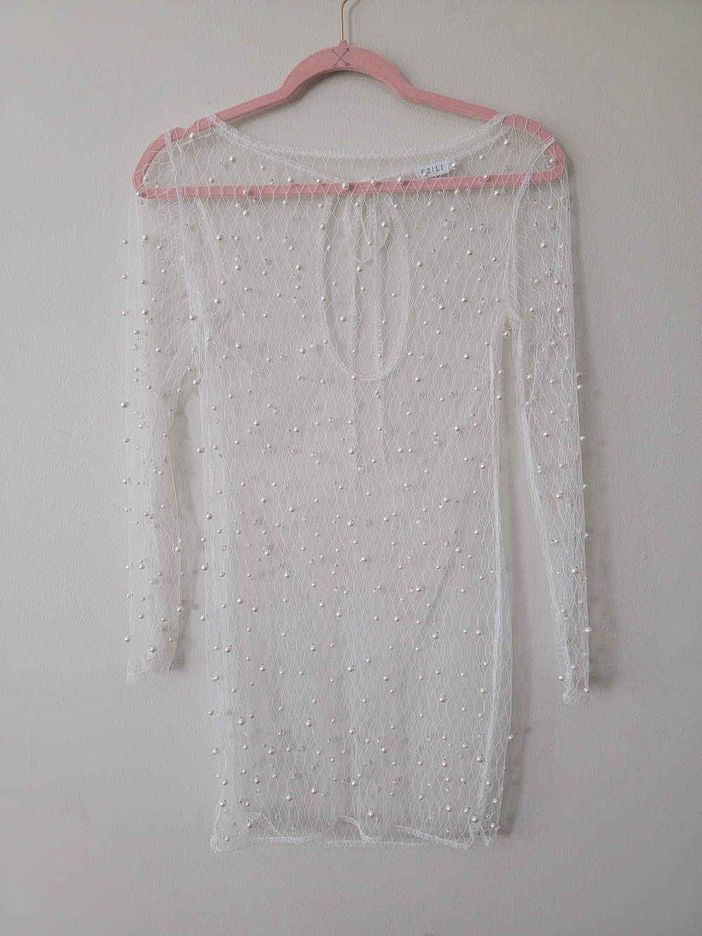 Pearl-Embellished White Sheer Mini Dress Beach Cover